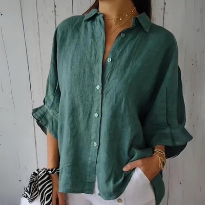 Women's Loose-Fit Button-Up Top with Back Ribbon